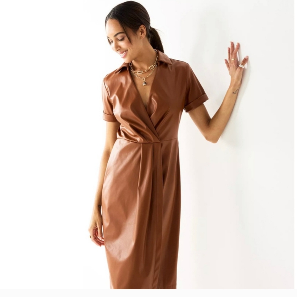 NWT Nine West Faux Leather Maple Brown Dress